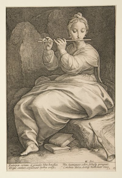 Yhdeksän muusaa: Euterpe, 6. yhdeksän kappaleen sarjassa tekijältä Hendrick Goltzius