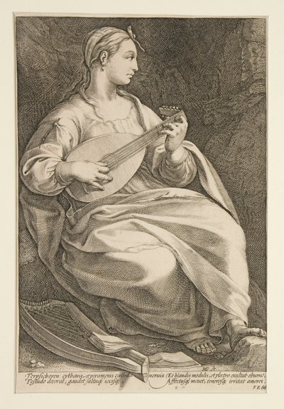 Yhdeksän muusaa: Terpsichore, numero 5 9:n sarjassa tekijältä Hendrick Goltzius