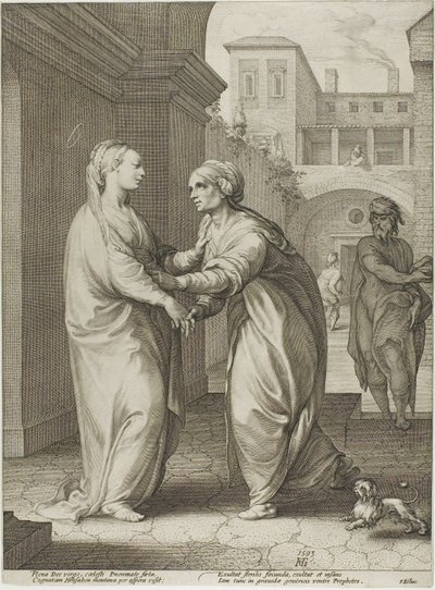 Kristuksen syntymä ja varhainen elämä -teoksen toinen levy, The Visitation, plate two. tekijältä Hendrick Goltzius