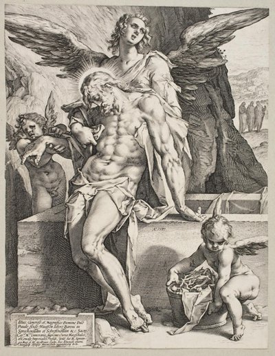 Kristuksen ruumis enkelin tukemana tekijältä Hendrick Goltzius