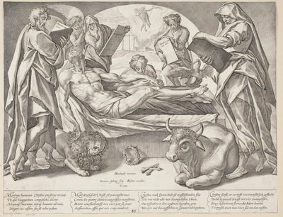 Kuollut Kristus ja neljä evankelistaa tekijältä Hendrick Goltzius