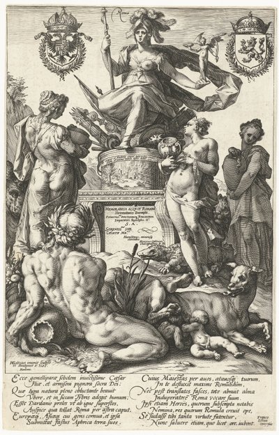 Printtisarjan The Roman Heroes otsikkoprintti Roma (otsikko esineessä) The Roman Heroes (sarjan nimi) tekijältä Hendrick Goltzius