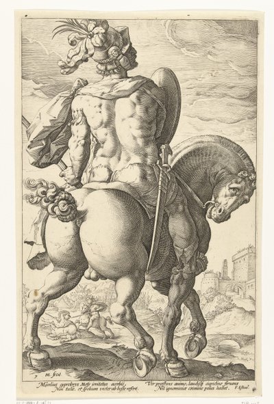 Titus Manlius hevosen selässä The Roman Heroes (sarjan nimi) tekijältä Hendrick Goltzius