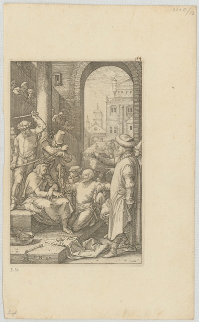 Kristuksen pilkkaaminen, sarjan ”Die Passion” 7. sivu tekijältä Hendrick Goltzius