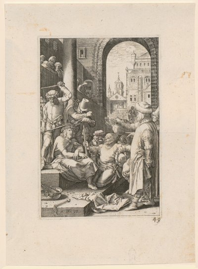 Kristuksen pilkkaaminen, sarjan ”Die Passion” 7. sivu tekijältä Hendrick Goltzius