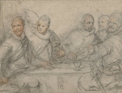Viisi upseeria, opiskele pyssymiesten ateriaa varten. tekijältä Hendrick Goltzius