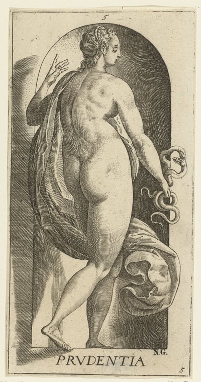 Varoitus Prudentia (otsikko esineessä) Seitsemän hyvettä (sarjan nimi) tekijältä Hendrick Goltzius