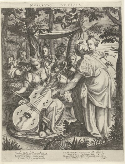 Konsertti van de muzen op de Parnassus Musien toimistot (nimi esineessä) tekijältä Hendrick Hondius (I)