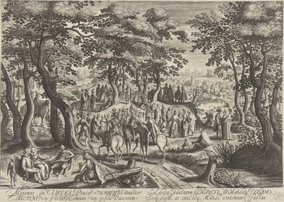 Johannes Kastaja saarnaa väkijoukolle tekijältä Hendrick Hondius (I)