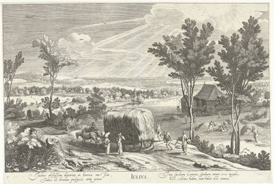 heinäkuuta maanviljelijöiden kanssa maisemassa Julius (otsikko esineessä) Kaksitoista kuukautta (sarjan nimi) tekijältä Hendrick Hondius (I)