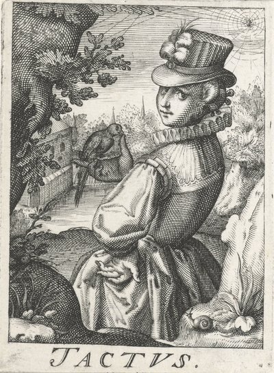 Tunne (Tactus), nainen linnun kanssa Tactus (otsikko esineessä) Viisi aistia (sarjan nimi) tekijältä Hendrick Hondius (rejected attribution)