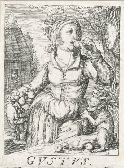 Maku (Gustus), nainen hedelmien kanssa Gustus (otsikko esineessä) Viisi aistia (sarjan nimi) tekijältä Hendrick Hondius (rejected attribution)