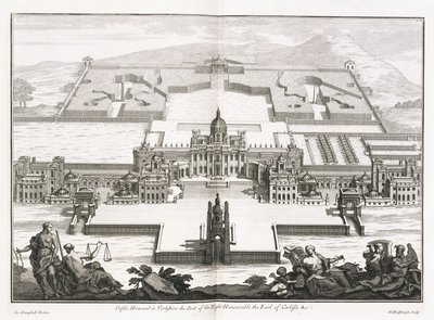 Castle Howard Yorkshiressa, teoksesta "Vitruvius Britannicus" tai "Brittiläinen arkkitehti, joka sisältää sekä julkisten että yksityisten tavanomaisten rakennusten suunnitelmat, korkeudet ja osat Isossa-Britanniassa", Colin Campbell tekijältä Hendrick Hulsberg
