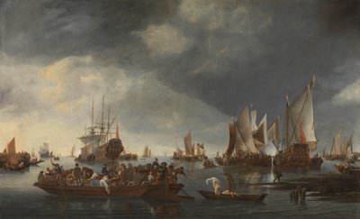 Satama, jossa on purjeveneet ja lautta tekijältä Hendrick Jacobsz. Dubbels