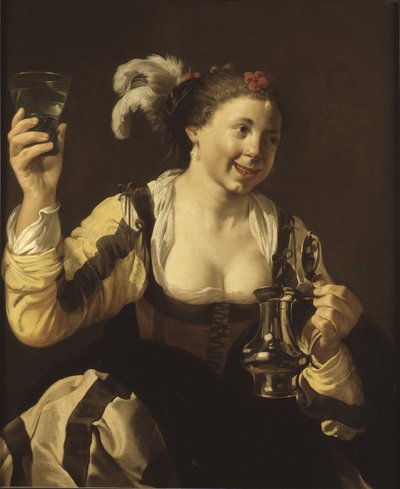 Tyttö pitelee lasia (le gout, serie des cinq sens) - Tyttö pitelee lasia (Taste. Sarjasta "The Five Senses"), kirjoittanut Terbrugghen, Hendrick Jansz (1588-1629). öljy kankaalle tekijältä Hendrick Jansz Terbrugghen