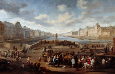 Näkymä Pariisista Louvren kanssa, otettu Henri IV:n sillalta (Actuel Pont Neuf). Hendricks Mommersin (1623-1693) maalaus tekijältä Hendrick Mommers