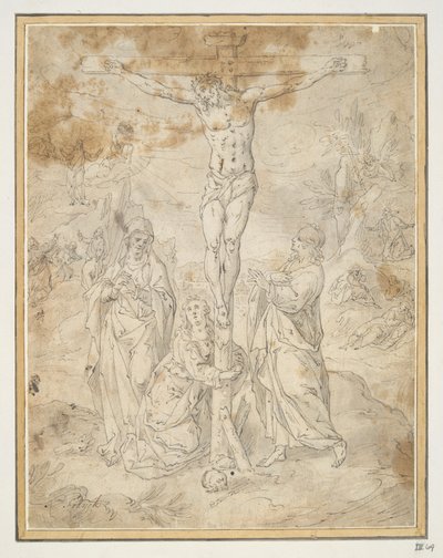 Crist a la creu entre la Verge i Sant Joan amb escenes de la Passió al fons finlandès tekijältä Hendrick de Clerck