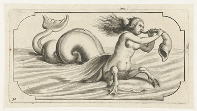 Naishahmo puhaltaa kuoreen Nouveau Livre des Dieux et Deeßes De la Marine Bouckje of Sea Gods and Goddess (sarjan nimi) tekijältä Hendrick de Keyser (I)