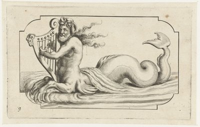 Triton soittaa harppua Nouveau Livre des Dieux et Deeßes De la Marine Bouckje of Sea Gods and Goddess (sarjan nimi) tekijältä Hendrick de Keyser (I)