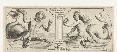 Kaksi lokeroa, jokaisessa triton Merijumalien ja jumalattarien Nouveau Livre des Dieux et Deeßes De la Marine Bouckje (otsikko esineessä) Nouveau Livre des Dieux et Deeßes De la Marine Bouckje of Sea Gods and Goddess (sarjan nimi) tekijältä Hendrick de Keyser (I)