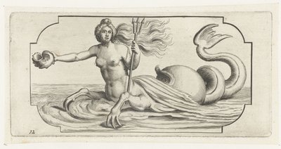 Naishahmo, jossa on Neptunuksen kolmikko Nouveau Livre des Dieux et Deeßes De la Marine Bouckje of Sea Gods and Goddess (sarjan nimi) tekijältä Hendrick de Keyser (I)