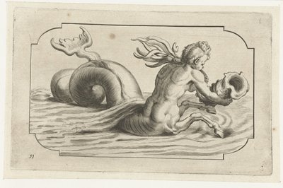 Merihevonen urospuolisella ylävartalolla Nouveau Livre des Dieux et Deeßes De la Marine Bouckje of Sea Gods and Goddess (sarjan nimi) tekijältä Hendrick de Keyser (I)