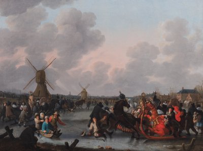 Talvimaisema, jossa on lukuisia hevosrekiä jäällä tekijältä Hendrick de Meijer