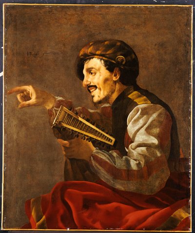 Istuva lutanisti osoittaa tekijältä Hendrick ter Brugghen
