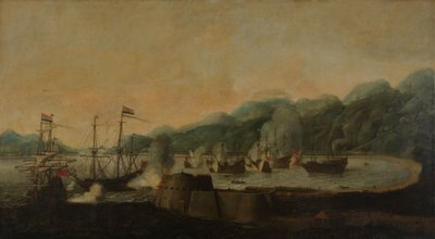 Cornelis Simonsz van der Veerin komennossa oleva hollantilainen laivue suorittaa yllätyshyökkäyksen kolmea portugalilaista galleonia vastaan Goa Velhan lahdella, 30. syyskuuta 1639 tekijältä Hendrick van Anthonissen
