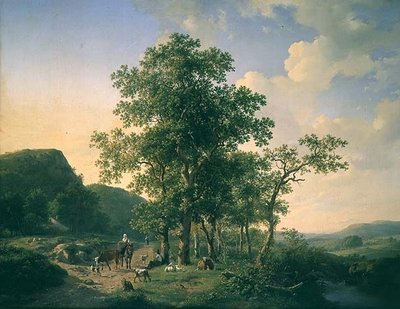 Metsäinen maisema talonpoikia ja eläimiä tekijältä Hendrick van de Sande Bakhuyzen