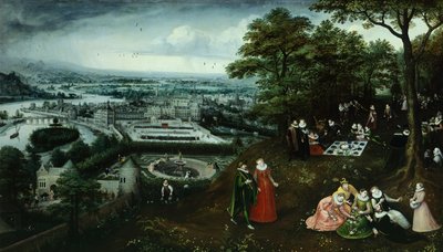 Yksityiskohta maisemasta keväällä, Lucas van Valkenborch (n. 1530-1597) tekijältä Hendrick van den (1530 97) Broeck