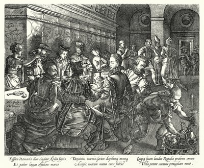 Juhla Tarquiniusin talossa (kaiverrus) tekijältä Hendrik (after) Goltzius
