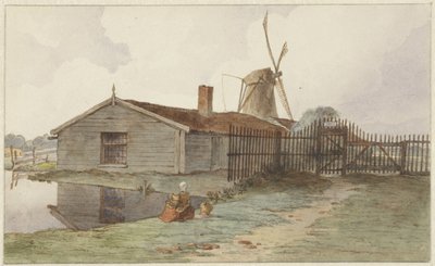 Tuulimylly puurakennuksilla lähellä Amsterdamia tekijältä Hendrik Abraham Klinkhamer