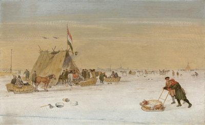 Talvimaisema hahmoineen jäällä koek-en-zopie-teltan luona tekijältä Hendrik Avercamp