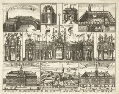 Blad met tien voorsetningen van de intocht van de Kardinaal Infant Ferdinand te Antwerpen, 1635 Näytteitä Antwerpenin kaupungin upeimmista paikoista ja teoksista (otsikko esineessä) tekijältä Hendrik Causé