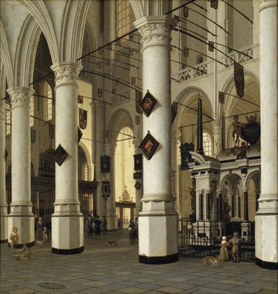 Interior de la nouvelle eglise de Delft - Nieuwe Kerkin, Delftin sisustus, kirjoittanut Vliet, Hendrick Cornelisz. alkaen (1611-1675). Öljyä puulle. Mitat: 41 x 39 cm. Tukholman kansallismuseo tekijältä Hendrik Cornelisz. van Vliet