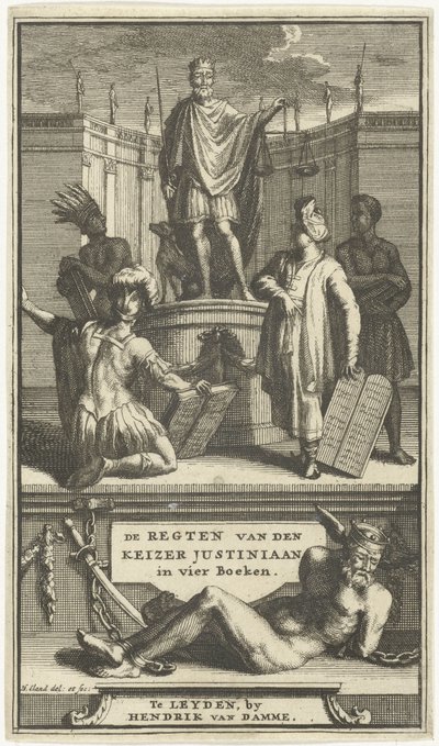 Keisari Justinianuksen oikeudet, Leiden, 1705, otsikkosivu KEISARI JUSTINIANAN SÄÄNNÖT neljässä kirjassa (otsikko esineessä) tekijältä Hendrik Elandt