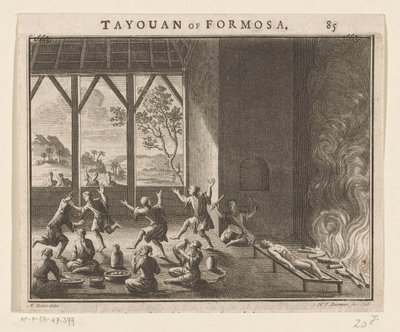 Osa Formosan asukkaiden hautausrituaalia Tayouan of Formosa (otsikko esineessä) tekijältä Hendrik Frans Diamaer