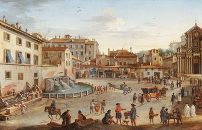 Rooma, näkymä Palazzo Barberinin palatsista, jossa on useita hahmoja (öljy kuparille). tekijältä Hendrik Frans van called lo Studio (circle of) Lint