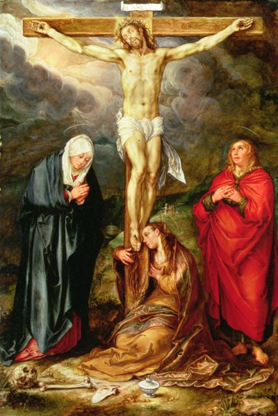 Kristus ristillä, Marian, Pyhän Johanneksen ja Magdaleenan kanssa, n. 1600 (öljy kuparilla) tekijältä Hendrik Goltzius