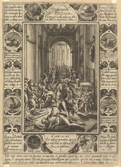 Erimielisyyttä kirkossa Dissidium kirkossa, n. 1578 tekijältä Hendrik Goltzius