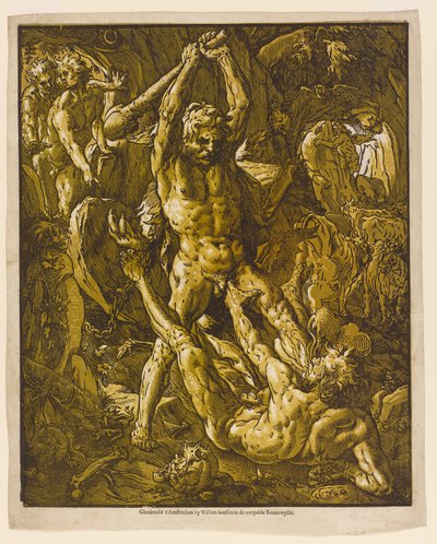 Hercules ja Cacus, 1588 (chiaroscuro-puupiirros paperille) tekijältä Hendrik Goltzius