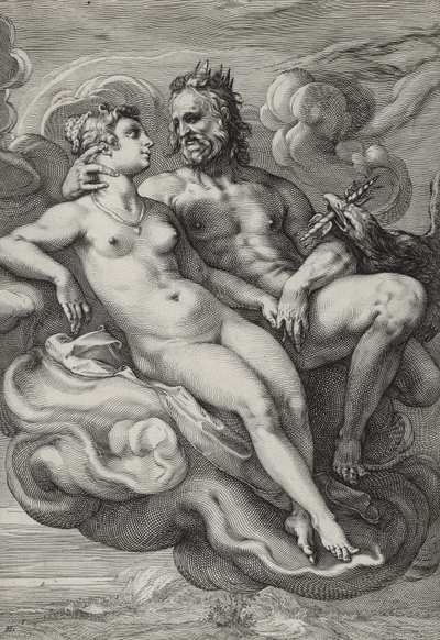 Jupiter ja Juno, n. 1593-1594 (kaiverrus paperille) tekijältä Hendrik Goltzius