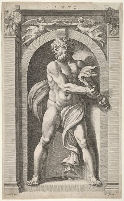 Pluto hahmon, neljän pään ja pylvään luonnoksilla, 1592. tekijältä Hendrik Goltzius