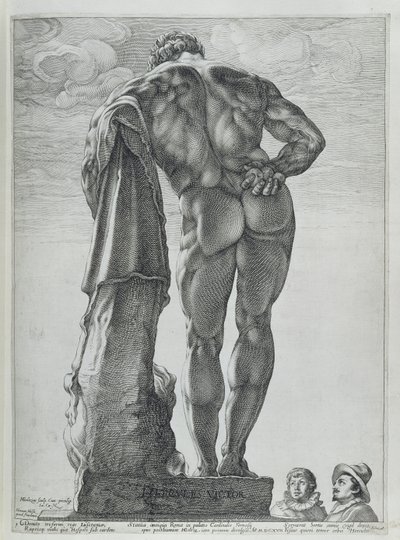 Farnese Herculesin takaa (kuparikaiverrus) tekijältä Hendrik Goltzius