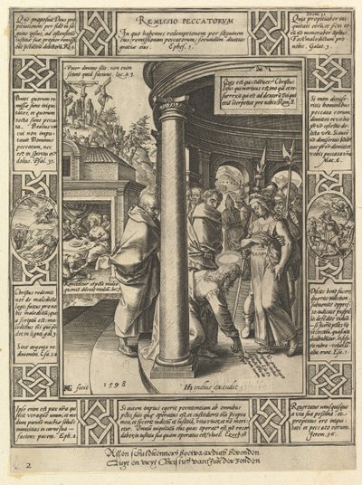 Syntien anteeksisaaminen, kristillisen uskontunnustuksen vertauskuvista, 1598 tekijältä Hendrik Goltzius