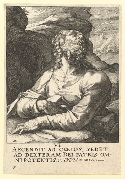 Pyhä Bartolomeus, Kristuksesta, Apostoleista ja Pyhästä Paavalista uskontunnustuksen kanssa, n. 1589. tekijältä Hendrik Goltzius