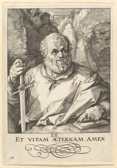 Pyhä Mattias, Kristuksesta, Apostoleista ja Pyhästä Paavalista uskontunnustuksen kanssa, n. 1589. tekijältä Hendrik Goltzius