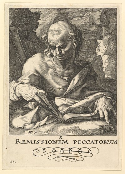 Pyhä Simon, Kristuksesta, Apostoleista ja Pyhästä Paavalista uskontunnustuksen kanssa, n. 1589. tekijältä Hendrik Goltzius