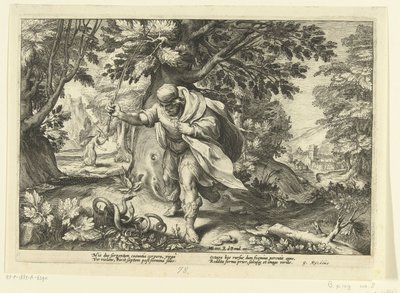 Teiresias voittaa kaksi parittelevaa käärmettä Ovidin Metamorphosesista tekijältä Hendrik Goltzius